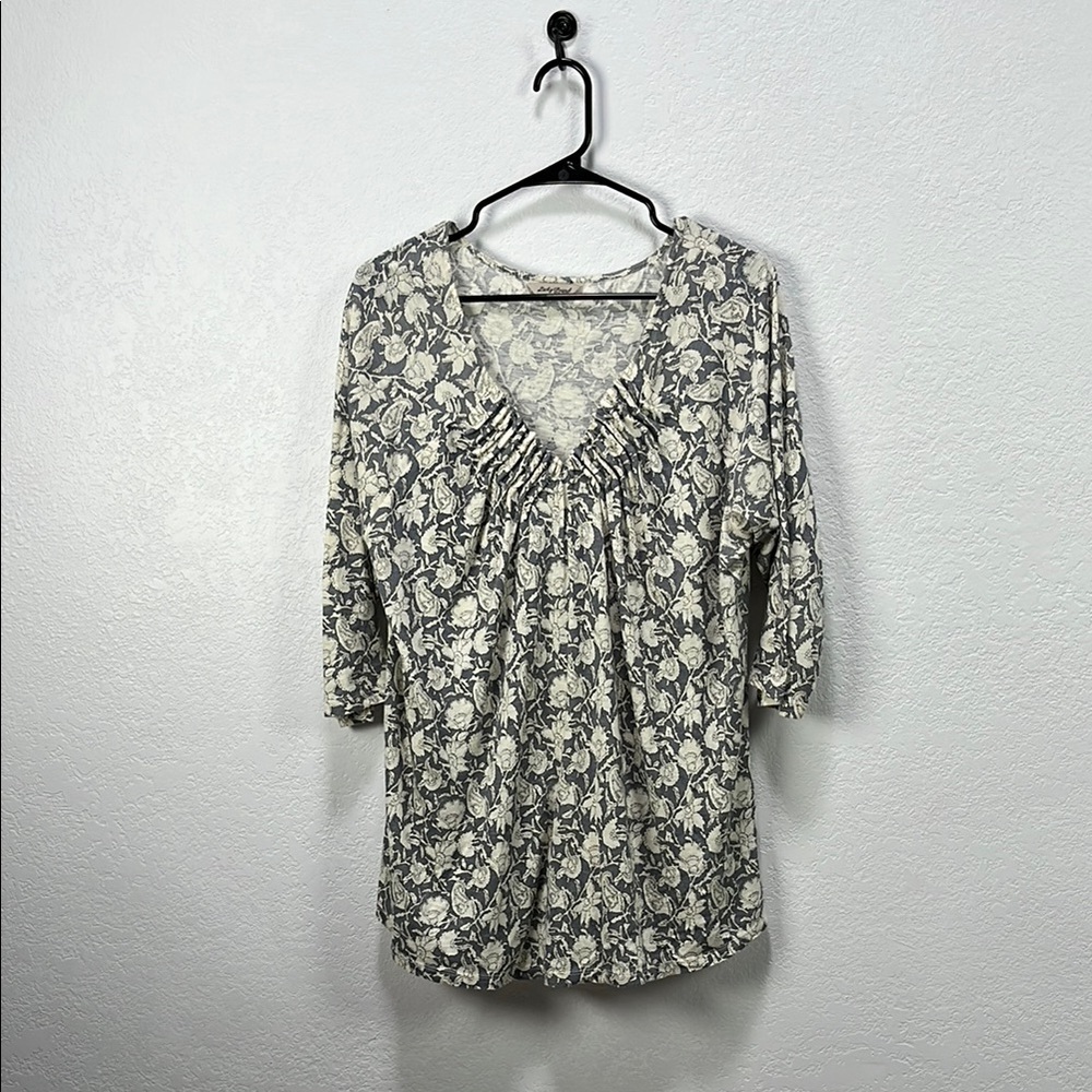 Lucky Brand Boho Grey Print Top Black Tan Split Neck 3/4 Sleeve Sz 1X TC0827